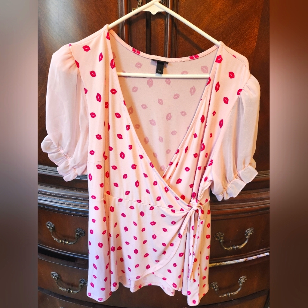 Torrid Blush Lip Print Wrap Blouse